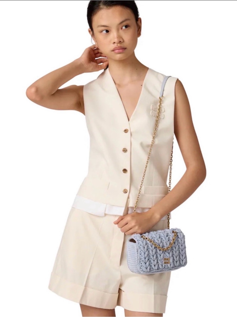 Miu Miu Pale Blue Crochet Shoulder Bag with Gold Chain